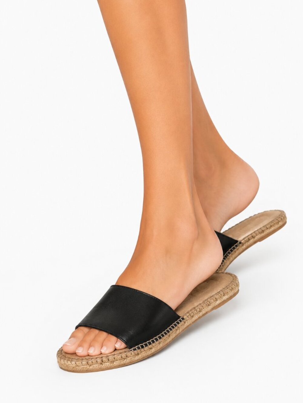 GAIMO ESPADRILLES BLACK LEATHER STRAP SLIP ON SANDALS - 10,5